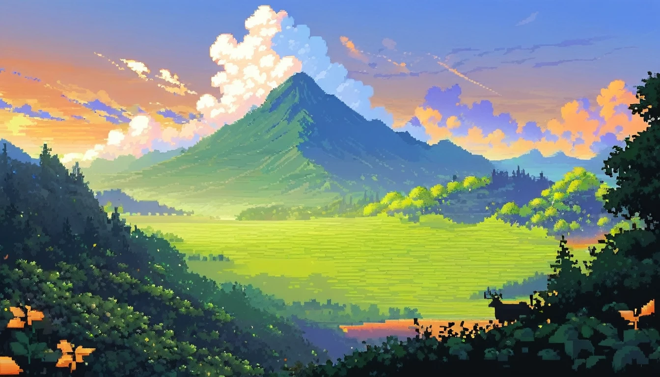 ドット絵, 美しい風景, 美しい雲, 一人の女の子, 遠いシルエット, 白いドレス, 長さ, ライトグリーン, 波状の, グラデーションヘア, 金属製の雄羊の角, アホ毛の葉,