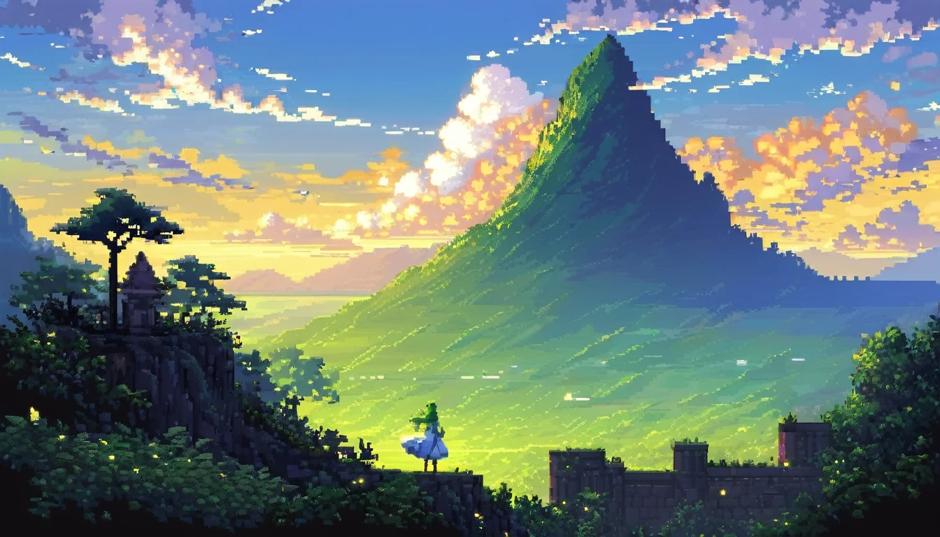 ドット絵, 美しい風景, 美しい雲, 一人の女の子, 遠いシルエット, 白いドレス, 長さ, ライトグリーン, 波状の, グラデーションヘア, 金属製の雄羊の角, アホ毛の葉,