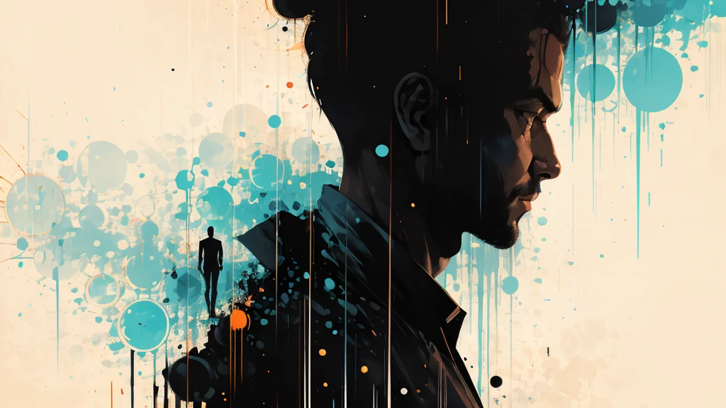 Silhouette of a posed men:dynamic pose:profile,Ink splash,Bold colors,dynamically,colorful,An abstract painting that looks like a person if you look closely,works of art,mysterious,design, 8k