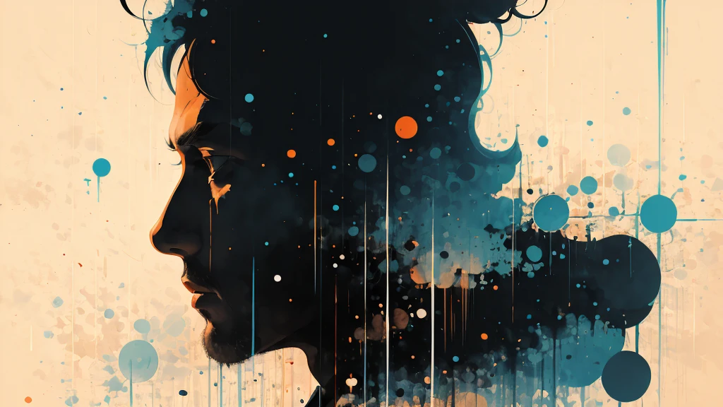 Silhouette of a posed men:dynamic pose:profile,Ink splash,Bold colors,dynamically,colorful,An abstract painting that looks like a person if you look closely,works of art,mysterious,design, 8k