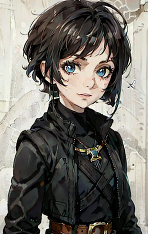 (high-quality, breathtaking),(expressive eyes, perfect face) Symmetrical Eyes, portrait, Star Wars Universe, 1girl, female, adult, mechanic, punk jacket, shirt, short sleeved, gloves, pants, belt, wrench, crystals, messy hair, black hair color, brown eye color, short hair length, stylized hairstyle, pixie haircut, tall, technician outfit, engineer, sci fi workshop background, work bench, tools, mature, narrow eyes, dog tag necklaces, soft smile, soft eyelashes, age 28
