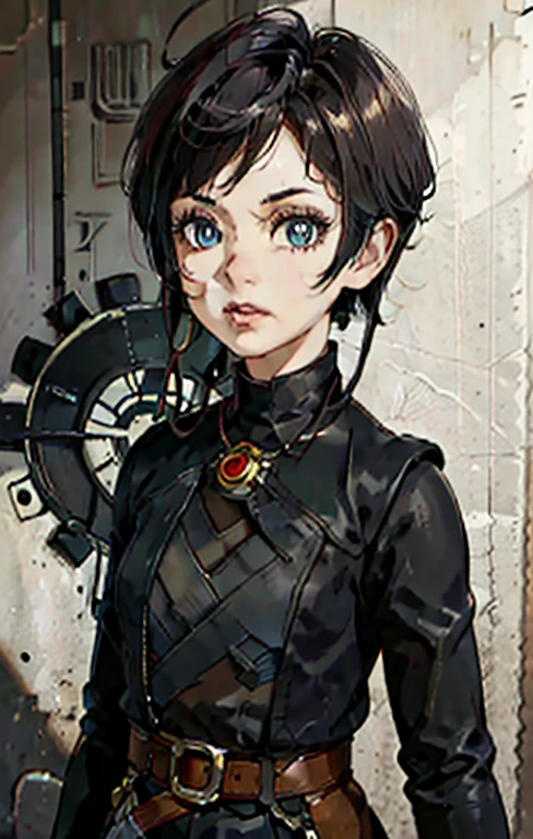 (high-quality, breathtaking),(expressive eyes, perfect face) Symmetrical Eyes, portrait, Star Wars Universe, 1girl, female, adult, mechanic, punk jacket, shirt, short sleeved, gloves, pants, belt, wrench, crystals, messy hair, black hair color, brown eye color, short hair length, stylized hairstyle, pixie haircut, tall, technician outfit, engineer, sci fi workshop background, work bench, tools, mature, narrow eyes, dog tag necklaces, soft smile, soft eyelashes, age 28
