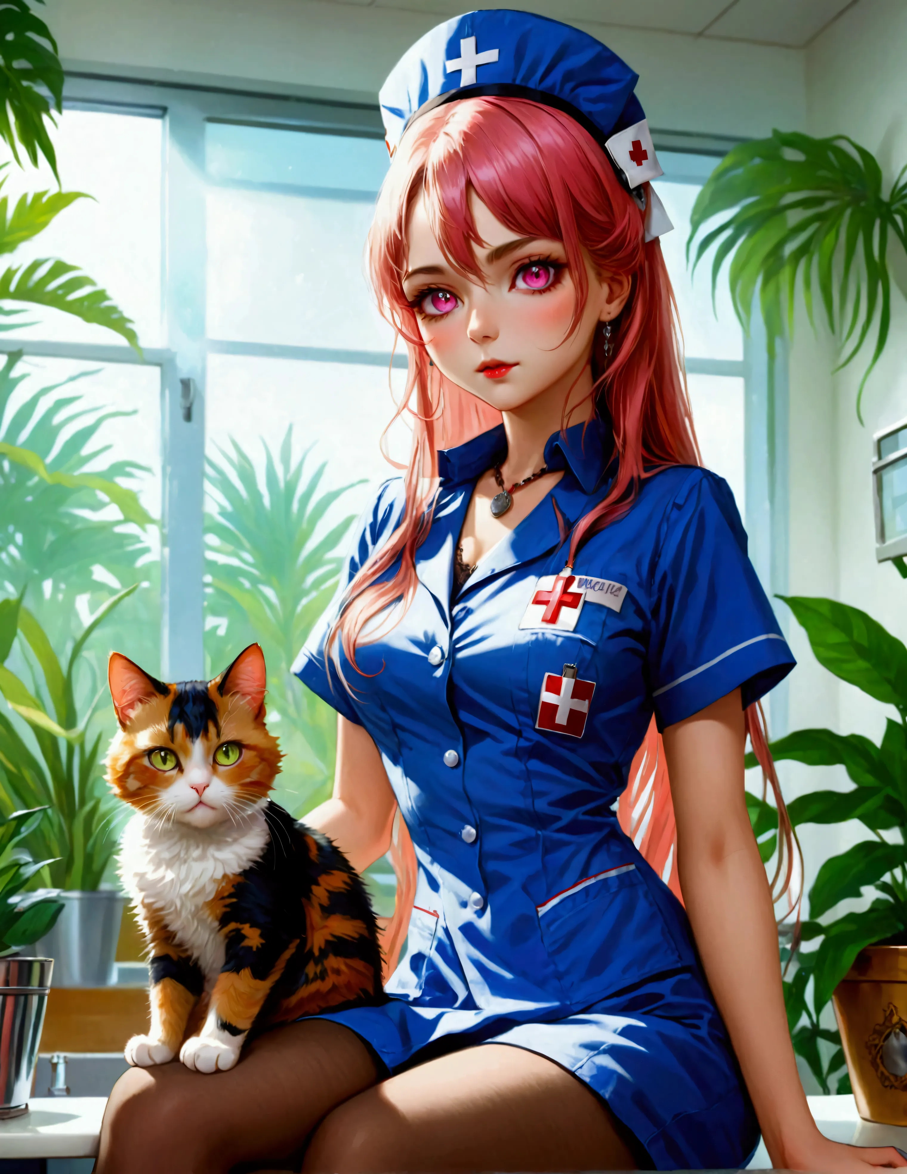 (stunning extravagant) vampire nurse (sitting on counter), (holding calico cat), (tight buttoned-up nurse outfit with rich embel...