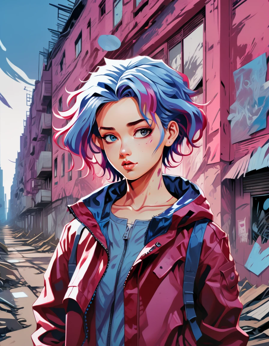 anime girl with blue hair wearing a dark red jacket, in the style of hdr, surrealistic urban scenes, comic art, hannah yata, light magenta and blue, shiny eyes, digital neo-expressionism