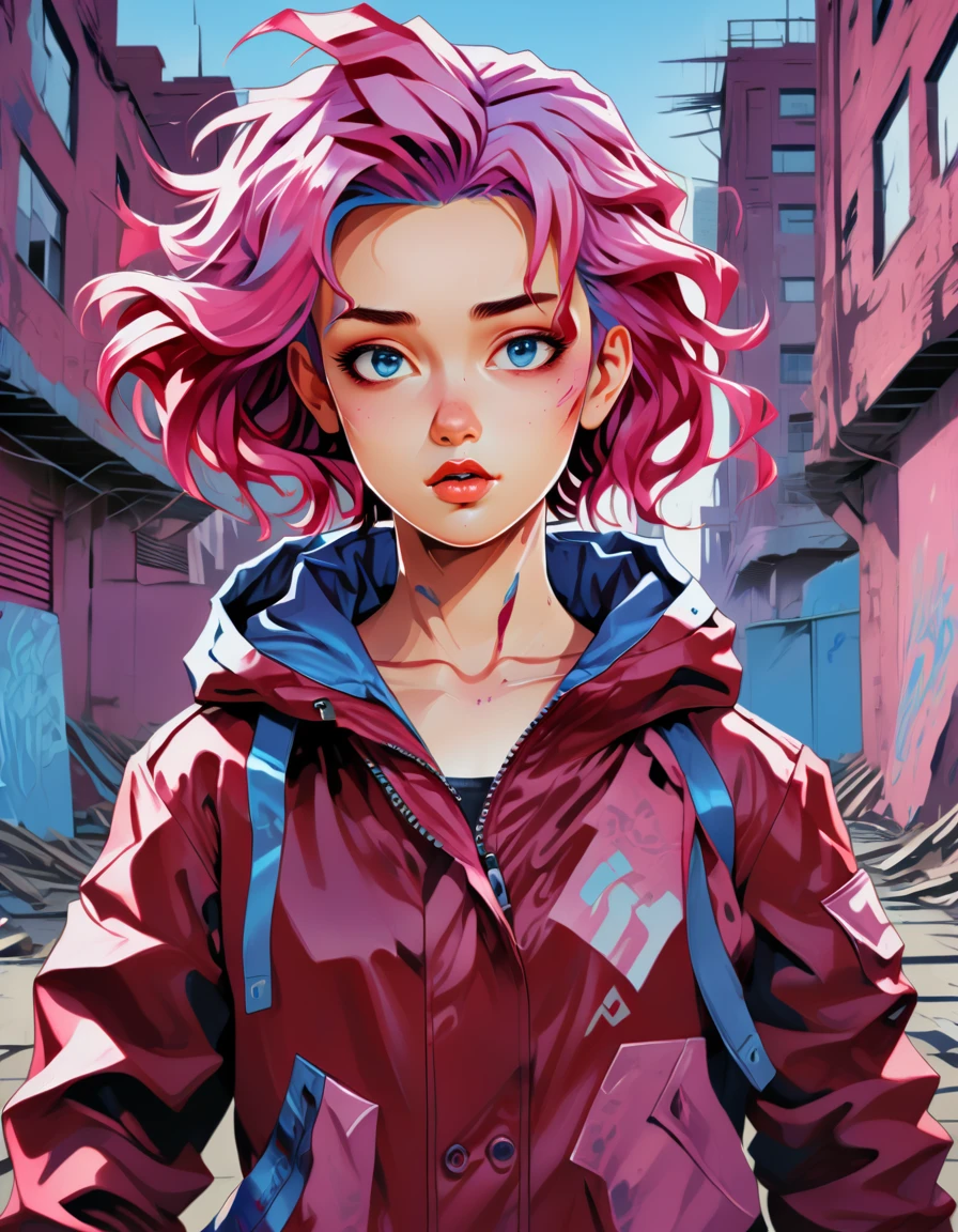 anime girl with blue hair wearing a dark red jacket, in the style of hdr, surrealistic urban scenes, comic art, hannah yata, light magenta and blue, shiny eyes, digital neo-expressionism