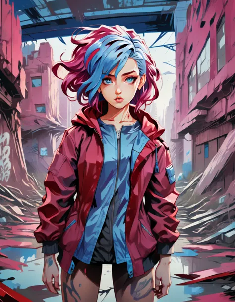 anime girl with blue hair wearing a dark red jacket, in the style of hdr, surrealistic urban scenes, comic art, hannah yata, lig...