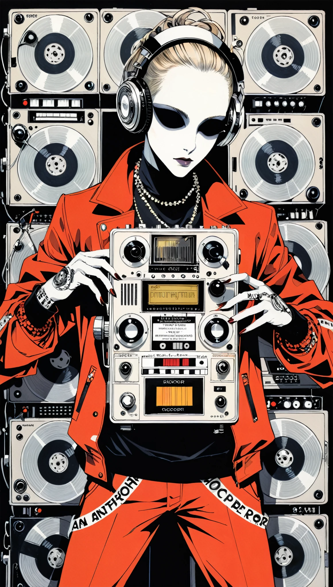 (in style of Harry Clarke:0.3)，in style of Santiago Caruso,in style of Mike Azevedo，(An anthropomorphic tape recorder:1.5)，Hip hop style trends, hip hop classic clothing，Dynamic poses，Hip-hop pose，