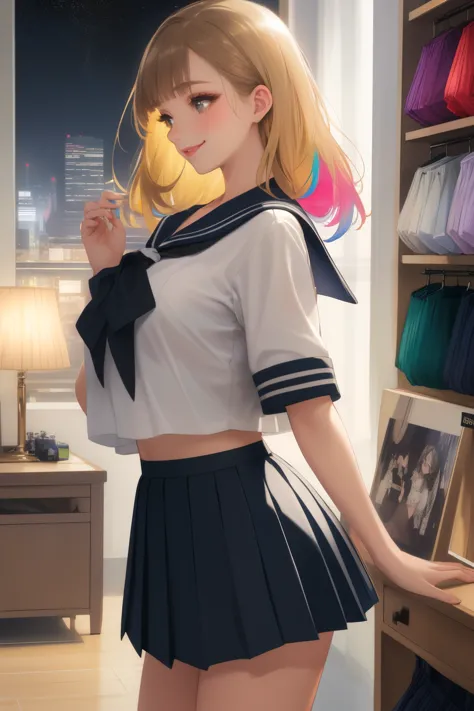 (Highest quality, 32K High Resolution, masterpiece:1.2), Very detailed, One person, woman, (ＪＫ, , Sailor suit, Pleated skirt),(Black and long straight hair), Lingerie Shop, Product Selection, profile, smile, Hopeful, Cute underwear neatly arranged, Colorful underwear, light up, Soft and delicate texture, impressive, Bright colors彩, Delicate fabrics, Attention to detail,Beautiful attention to detail, Beautiful lip detail, Long eyelashes, Bright colors, Soft and warm color palette,