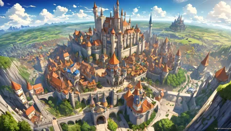 Gianmours kingdom overview, fantasy anime world, the giant castle sat in the middle of the gianourmous kingdom., bustling fantasy streets,Landscape, HDR, High Detailed,
