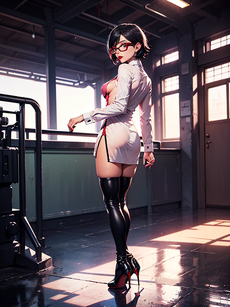 (1girl, solo, alone), (WakatsukiRisa, Sarada Uchiha, black hair, short hair, black eyes, red glasses), ((solo, (1woman, pink lipstick, (small breasts), black eyes), Extremely detailed, ambient soft lighting, 4k, perfect eyes, a perfect face, perfect lighting, a 1girl)), austere, ((sheet see-through dress shirt, white unbuttoned and opened shirt, long sleeve blouse)), leather micro skirt, ((stiletto high heels, (peep toes), black high heels with red soles, high heels)), tight clothes, shiny leather, leather, leathery, farm, balcony, ((looking back, backwards)), farm background, pond)), ((itness, muscular, shapely body, athletic body, toned body))