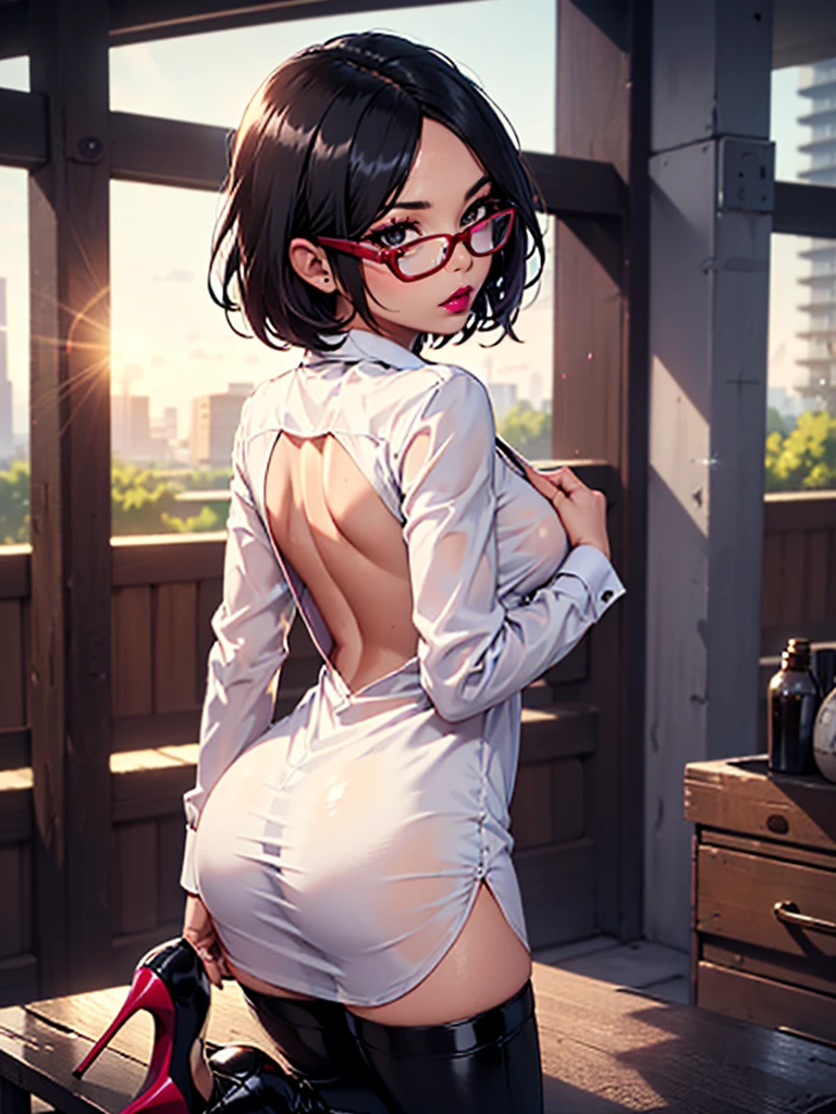 (1girl, solo, alone), (WakatsukiRisa, Sarada Uchiha, black hair, short hair, black eyes, red glasses), ((solo, (1woman, pink lipstick, (small breasts), black eyes), Extremely detailed, ambient soft lighting, 4k, perfect eyes, a perfect face, perfect lighting, a 1girl)), austere, ((sheet see-through dress shirt, white unbuttoned and opened shirt, long sleeve blouse)), leather micro skirt, ((stiletto high heels, (peep toes), black high heels with red soles, high heels)), tight clothes, shiny leather, leather, leathery, farm, balcony, ((looking back, backwards)), farm background, pond)), ((itness, muscular, shapely body, athletic body, toned body))