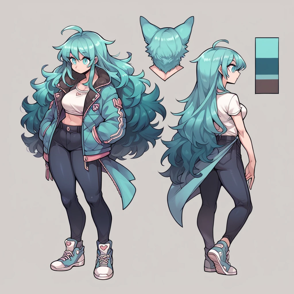 high quality, 1girl, full body, long hair, aqua hair, aqua eyes, fluffy hair,  jacket, thin, wide hips, standing, tilted back, reference sheet