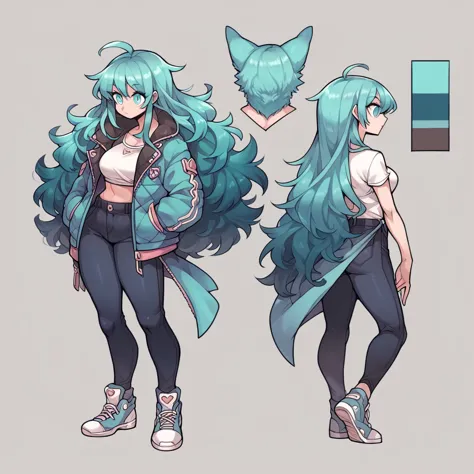 high quality, 1girl, full body, long hair, aqua hair, aqua eyes, fluffy hair,  jacket, thin, wide hips, standing, tilted back, r...