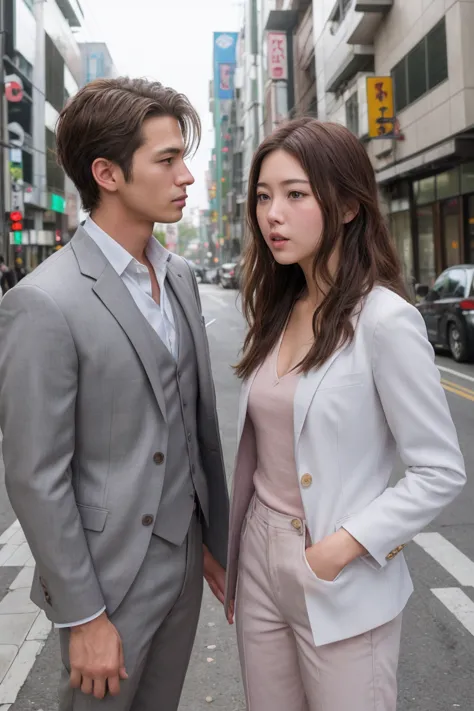 breaking the raw photo , realistic photos , handsome man , beautiful women romance, street、japanese、highest quality、suit、