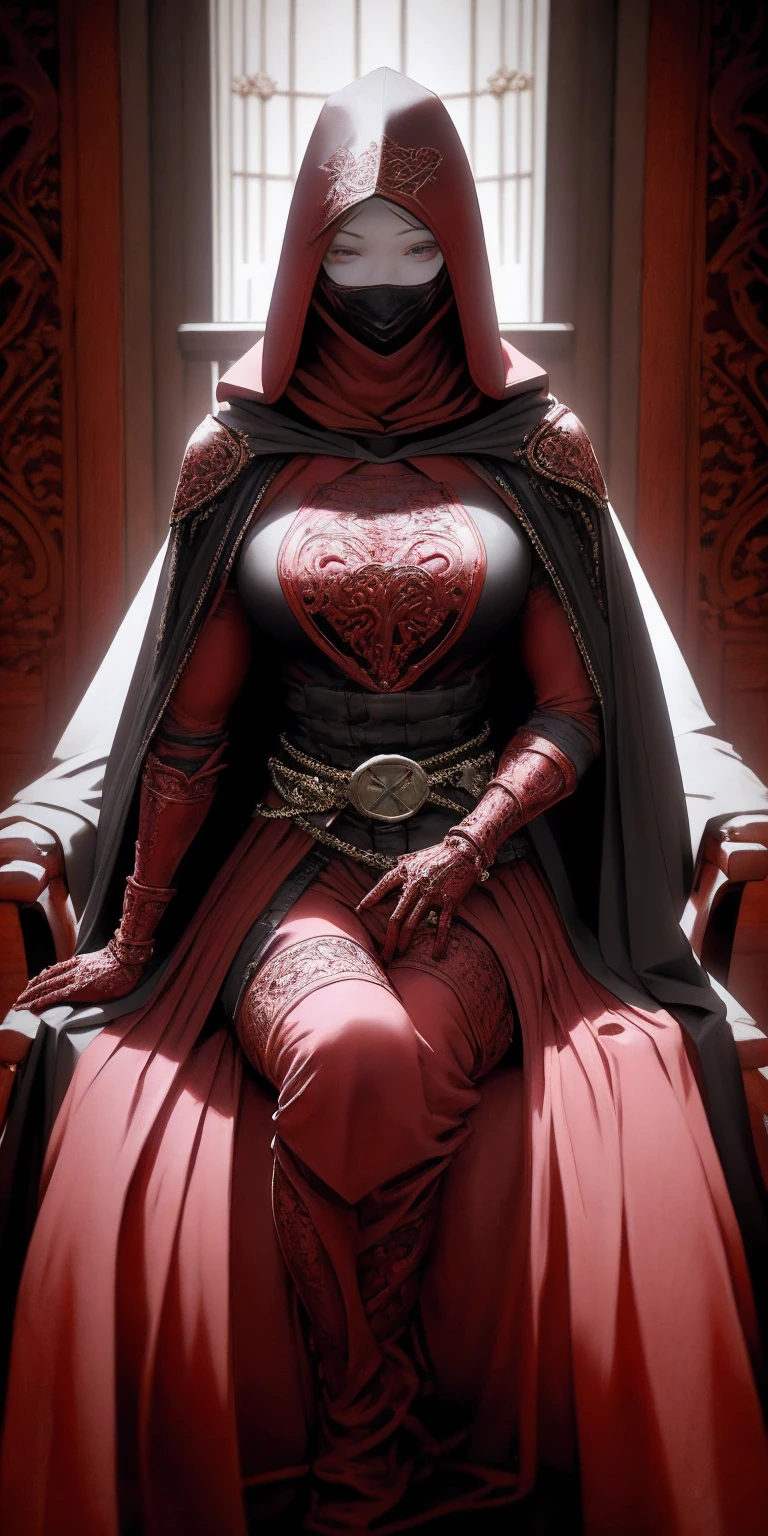 (masterpiece, Best Quality, absurd, 4k, Aesthetic, detailed, Intricate, perfect lighting) cinematic angle, 1solitaria, Sitting on the throne, elbow rest, castle interior, face mask, hood, layer, belt, armor, Cloak, red gloves gauntlets, corona