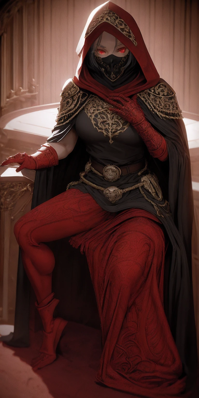 (masterpiece, Best Quality, absurd, 4k, Aesthetic, detailed, Intricate, perfect lighting) cinematic angle, 1solitaria, Sitting on the throne, elbow rest, castle interior, face mask, hood, layer, belt, armor, Cloak, red gloves gauntlets, corona