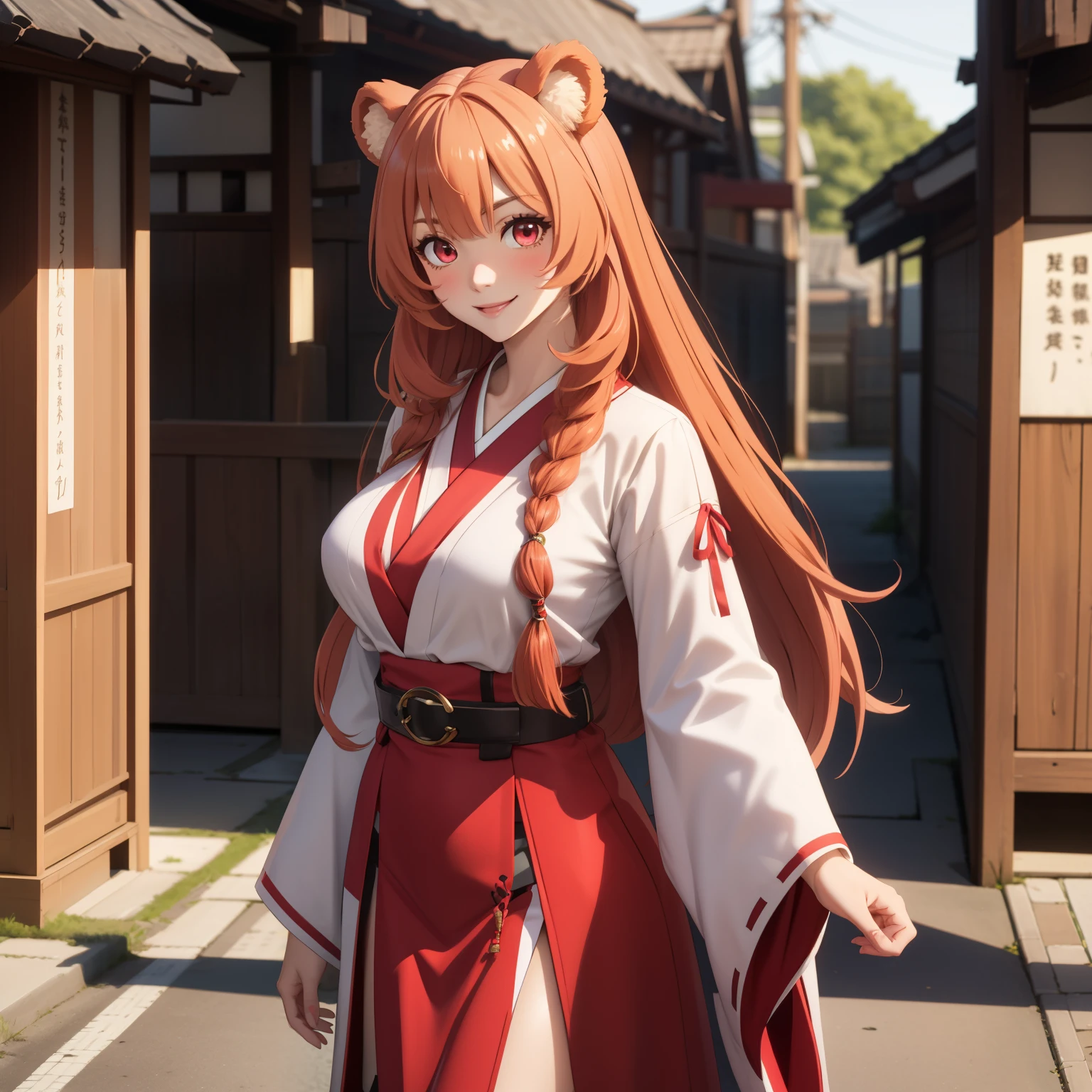 Raphtalia woman 35 years old straight orange hair , bear ears redondeadas, red eyes like ruby., flirtatious smile, Pale skin, big breasts, japanese priestess clothing, White and red, pink belt, , bear ears, ,  background an old japanese street.