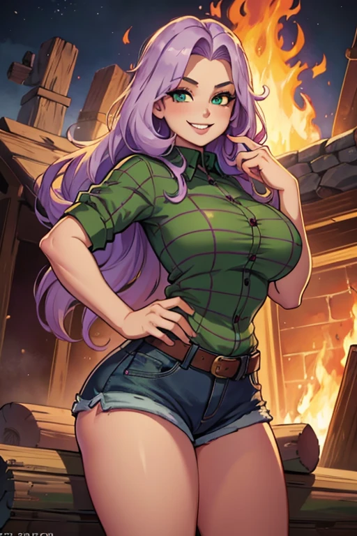 Perfect face. Perfect hands. A light purple haired woman with green eyes and an hourglass figure with long hair wearing a Gothic plaid shirt and daisy dukes is gathering firewood with a big smile