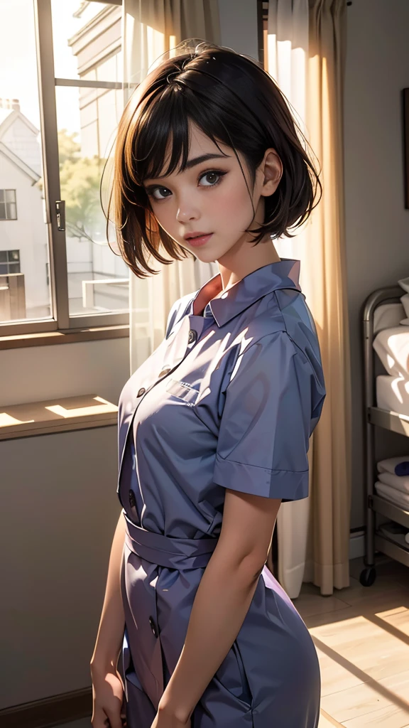 Face close, masterpiece, Ultra-high resolution, original photo, 1 girl, (Healer), (Healer帽), (Ward), nurse_uniform, Lovely，whole body, long legs, Energetic, Daylight Deep Shadows, Unobtrusive, A ray of sunlight shines on my face through the window, front， short hair，light，Top quality, Beautiful and slender nose, Beautiful Skin, (medium length bob hairstyle), Natural bangs, White skin, Forward lighting, (Brighten your face), Health Room