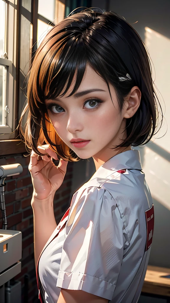 Face close, masterpiece, Ultra-high resolution, original photo, 1 girl, (Healer), (Healer帽), (Ward), nurse_uniform, Lovely，whole body, long legs, Energetic, Daylight Deep Shadows, Unobtrusive, A ray of sunlight shines on my face through the window, front， short hair，light，Top quality, Beautiful and slender nose, Beautiful Skin, (medium length bob hairstyle), Natural bangs, White skin, Forward lighting, (Brighten your face), Health Room