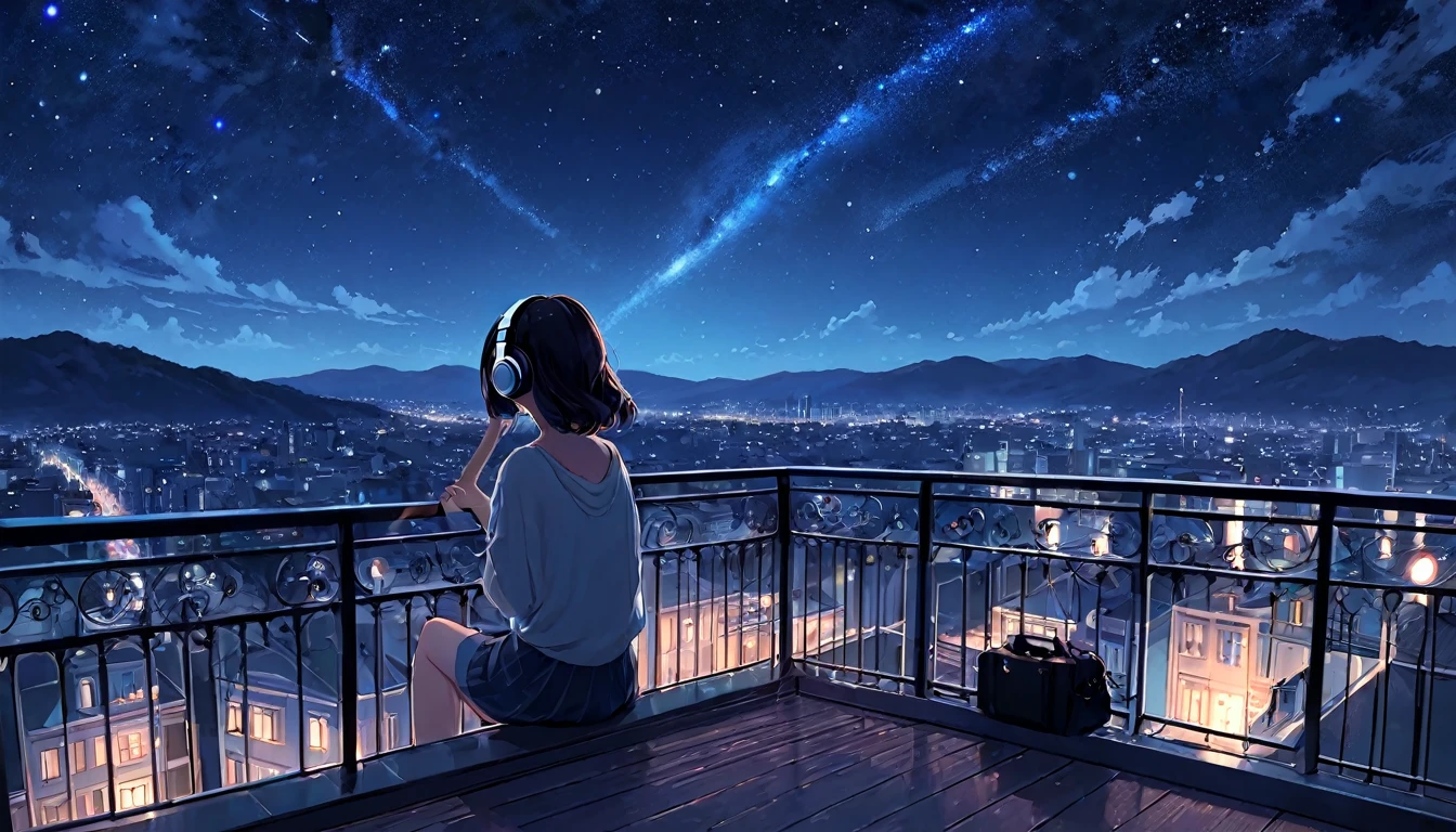 Ouvir jazz com fones de ouvido。Garota,Observando o céu noturno da varanda, sozinho, Garota elevada, estilo de arte lofi, Garota elevada aesthetic, ghailan, estética de anime, humor relaxado, estilo de ilustração lo-fi