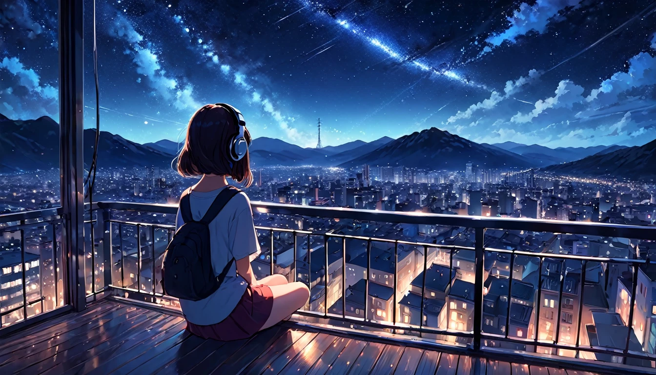 Listening to jazz music with headphones。girl,Watching the night sky from the balcony, alone, Lofty Girl, Lofi Art Style, Lofty Girl aesthetic, ghailan, Anime aesthetics, relaxed mood, Lo-fi illustration style