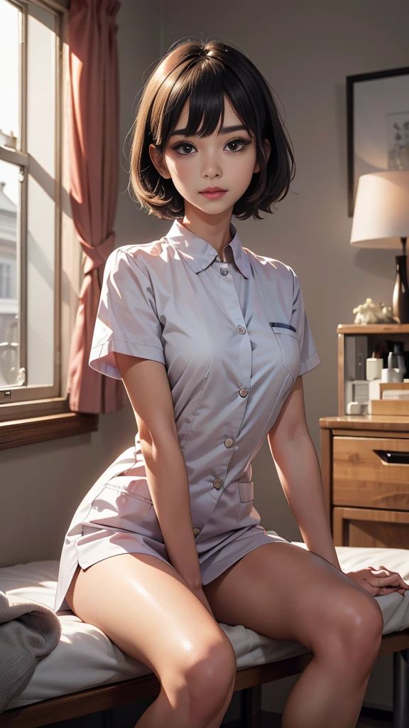 Face close, masterpiece, Ultra-high resolution, original photo, 1 girl, (Healer), (Healer帽), (Ward), nurse_uniform, Lovely，whole body, long legs, Energetic, Daylight Deep Shadows, Unobtrusive, A ray of sunlight shines on my face through the window, front， short hair，light，Top quality, Beautiful and slender nose, Beautiful Skin, (medium length bob hairstyle), Natural bangs, White skin, Forward lighting, (Brighten your face), Health Room