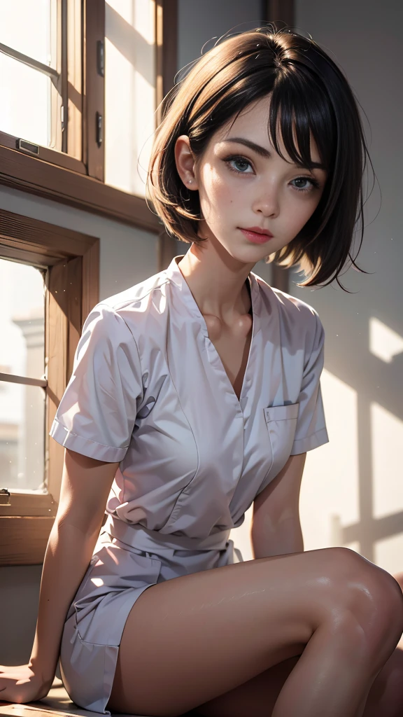 Face close, masterpiece, Ultra-high resolution, original photo, 1 girl, (Healer), (Healer帽), (Ward), nurse_uniform, Lovely，whole body, long legs, Energetic, Daylight Deep Shadows, Unobtrusive, A ray of sunlight shines on my face through the window, front， short hair，light，Top quality, Beautiful and slender nose, Beautiful Skin, (medium length bob hairstyle), Natural bangs, White skin, Forward lighting, (Brighten your face), Health Room