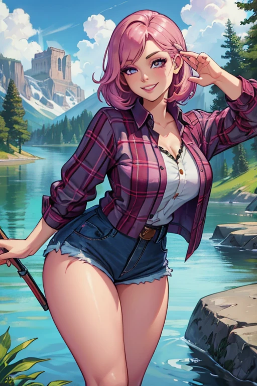 Perfect face. Perfect hands. A pink haired woman with violet eyes and an hourglass figure wearing a Gothic plaid shirt and daisy dukes is fishing on the shore of a lake with a big smile
