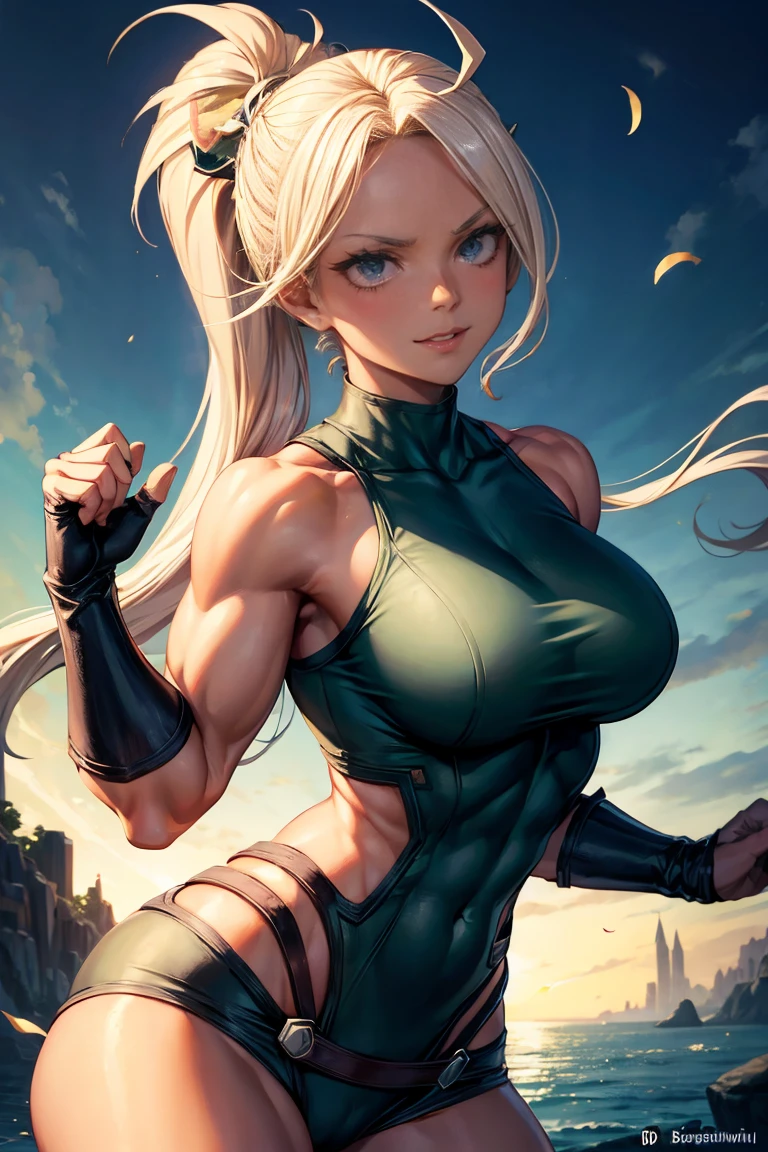 ((work of art)), best qualityer, expressive eyes, face perfect, muscular female, beautiful lighting, Kale, perspiring, Mirkomha, boku no hero academia, busty, Broad Hips, darkskin, I&#39;m tanned, muscular thighs, high thigh, NSFW, hairty armpits, (hairy pubes), bunny ears, (White hair), wide smile