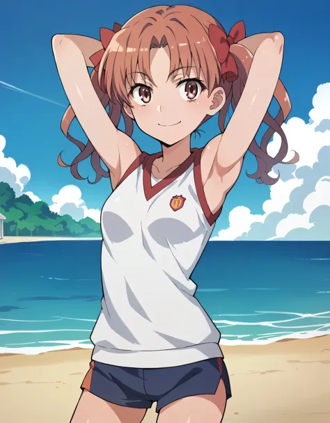 kuroko, gym, shiny skin, masterpiece, best quality, closed mouth, solo, (cowboy shot:1.5), night sky, beach, arms behind head, contrapposto, spread armpits, smile,