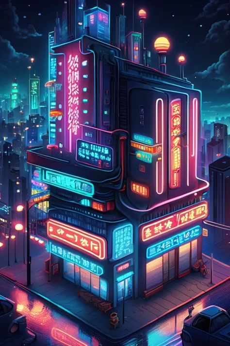 ((masterpiece, highest quality)), high resolution, very detailed,  realistic,  from above,   isometric neon, outdoor,  night, 地上...