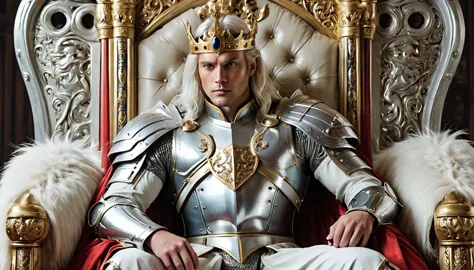 handsome with a crown, single, 1 male, long hair, white hair, black eyes, white fur warrior king outfit. shining silver armor a ...