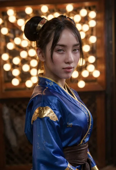 full body view , photograpy of (ohwx woman) in  chun-li outfit,  bokeh, studio photograpy, eyes catchlights, high resolution,35m...