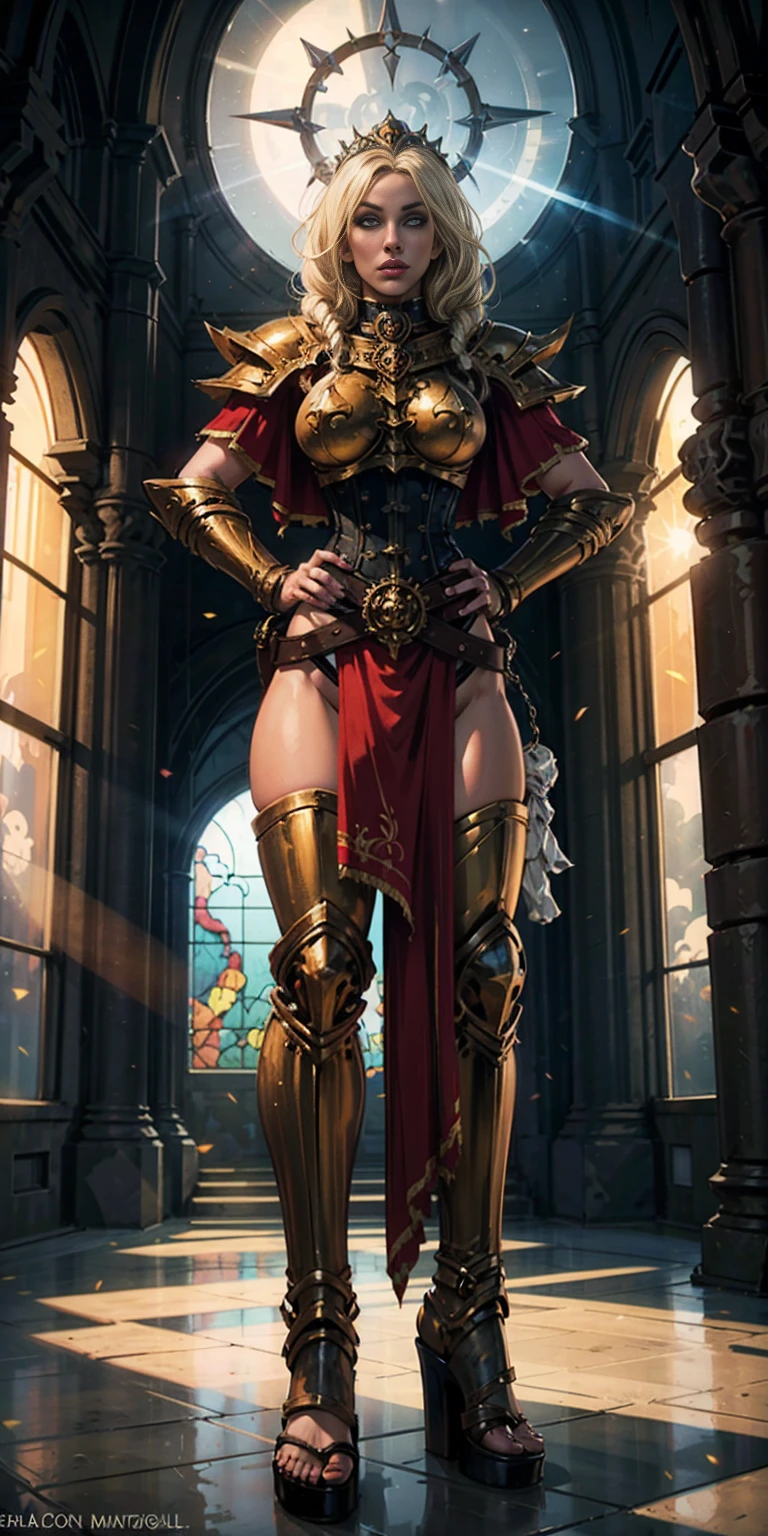 paladin lady in ornate golden armor, black collar, pauldrons, breastplate, corset, glowing halo, single braid, blonde, yellow glowing eyes, bright pupils, eye focus, red cape, temple indoors, stained glass windows, night, moonlight, particles, light beam, chromatic aberration, (full body, whole body. 1solo (girl). slave fighter, loincloth standing, hands on hips full body, whole body. 1solo (girl). slave fighter, loincloth standing, hands on hips, metal sandals, backpack, choker, big belt, view from below, feet together, bracers, tiara)