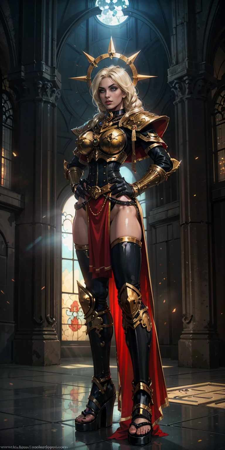 paladin lady in ornate golden armor, black collar, pauldrons, breastplate, corset, glowing halo, single braid, blonde, yellow glowing eyes, bright pupils, eye focus, red cape, temple indoors, stained glass windows, night, moonlight, particles, light beam, chromatic aberration, (full body, whole body. 1solo (girl). slave fighter, loincloth standing, hands on hips full body, whole body. 1solo (girl). slave fighter, loincloth standing, hands on hips, metal sandals, backpack, choker, big belt, view from below, feet together, bracers, tiara)