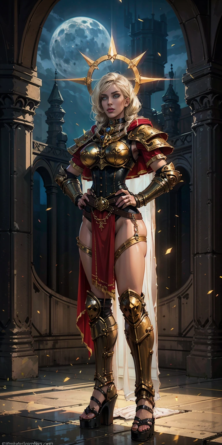 paladin lady in ornate golden armor, black collar, pauldrons, breastplate, corset, glowing halo, single braid, blonde, yellow glowing eyes, bright pupils, eye focus, red cape, temple indoors, stained glass windows, night, moonlight, particles, light beam, chromatic aberration, (full body, whole body. 1solo (girl). slave fighter, loincloth standing, hands on hips full body, whole body. 1solo (girl). slave fighter, loincloth standing, hands on hips, metal sandals, backpack, choker, big belt, view from below, feet together, bracers, tiara)