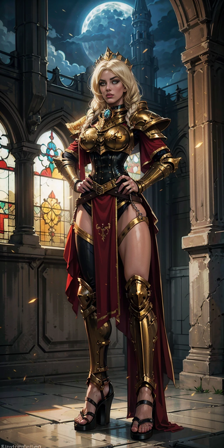 paladin lady in ornate golden armor, black collar, pauldrons, breastplate, corset, glowing halo, single braid, blonde, yellow glowing eyes, bright pupils, eye focus, red cape, temple indoors, stained glass windows, night, moonlight, particles, light beam, chromatic aberration, (full body, whole body. 1solo (girl). slave fighter, loincloth standing, hands on hips full body, whole body. 1solo (girl). slave fighter, loincloth standing, hands on hips, metal sandals, backpack, choker, big belt, view from below, feet together, bracers, tiara)