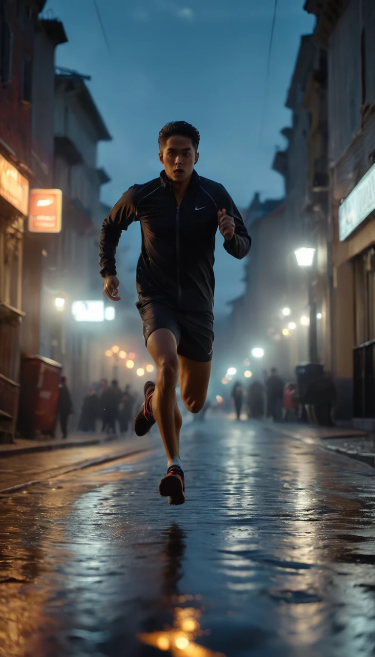 Handheld camera, simulating running, protagonist, footsteps, panic, darkness, frantic running, low light, motion blur, intense atmosphere, suspenseful, cinematic, shaky cam, dramatic lighting, high tension