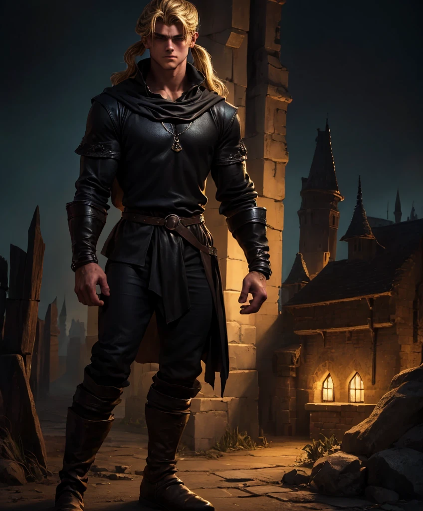 Solo focus.  1boy.  Single character image.  Generate a muscle stud fantasy character.  Generate a muscle hunk fantasy character, dressed all in black.  (((Medieval-style tropical town at night.))) (((Luxurious blond hair in a topknot.)))  (((Looks like Adonis.))) (((Appears to be 20 years old with youthful looks.))) (((Dark and sinister background at night.))) (((Alpha male))) (((Solo character image.))) (((Generate a single character image.)))  Dark fantasy art, (((Dark, night time background.))) (((Strong elements of dark medieval fantasy.))) (((Handsome and athletic.))) (((This is an urban explorer in a dark fantasy realm.))) Night background. Dark. Eerie. Dark fantasy art, long  hair in a masculine style, Scoundrel. Vagabond. Miscreant.   Knave. This is an urban explorer in a dark fantasy realm. Looks mysterious, wearing a black shirt, black pants and black boots. Looks like a sneaky rogue in medieval fantasy urban setting. Looks like a shady rogue in a medieval fantasy setting. Looks like a medieval fantasy male character. Looks like a male rogue for Dungeons & Dragons in a medieval fantasy setting. Wears lots of black clothing. Looks like a handsome criminal for a medieval fantasy setting. Looks shifty. Looks suspicious. Looks untrustworthy. wearing black leather medieval clothing, sneaky, rogue, muscular, gorgeous face, fantasy artwork, fantasy attire, fantasy adventurer, masterpiece:1.3,madly detailed photo:1.2, hyper-realistic lifelike texture:1.4, picture-perfect:1.0,8k