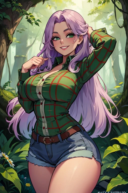 Perfect face. Perfect hands. A light purple haired woman with green eyes and an hourglass figure and long hair wearing a Gothic plaid shirt and daisy dukes is exploring the woods with a big smile
