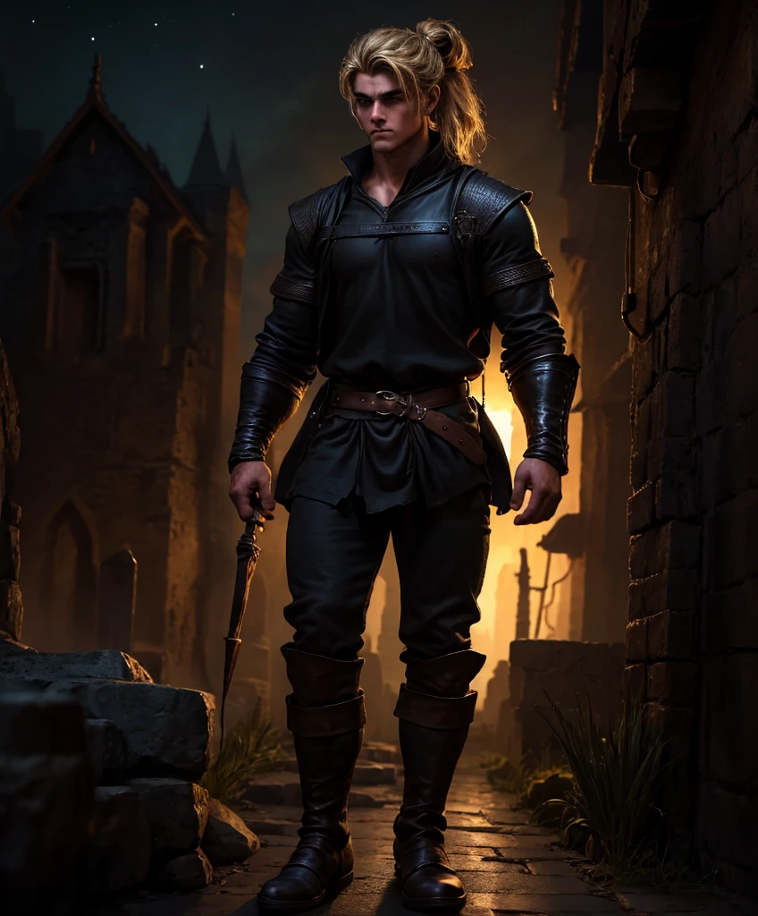 (((Solo focus.  1boy.  Single character image.)))  Generate a muscle stud fantasy character.  Generate a muscle hunk fantasy character, dressed all in black.  (((Medieval-style tropical town at night.))) (((Luxurious blond hair in a topknot.)))  (((Looks like Adonis.))) (((Appears to be 20 years old with youthful looks.))) (((Dark and sinister background at night.))) (((Alpha male))) (((Solo character image.))) (((Generate a single character image.)))  Dark fantasy art, (((Dark, night time background.))) (((Strong elements of dark medieval fantasy.))) (((Handsome and athletic.))) (((This is an urban explorer in a dark fantasy realm.))) Night background. Dark. Eerie. Dark fantasy art, long  hair in a masculine style, Scoundrel. Vagabond. Miscreant.   Knave. This is an urban explorer in a dark fantasy realm. Looks mysterious, wearing a black shirt, black pants and black boots. Looks like a sneaky rogue in medieval fantasy urban setting. Looks like a shady rogue in a medieval fantasy setting. Looks like a medieval fantasy male character. Looks like a male rogue for Dungeons & Dragons in a medieval fantasy setting. Wears lots of black clothing. Looks like a handsome criminal for a medieval fantasy setting. Looks shifty. Looks suspicious. Looks untrustworthy. wearing black leather medieval clothing, sneaky, rogue, muscular, gorgeous face, fantasy artwork, fantasy attire, fantasy adventurer, masterpiece:1.3,madly detailed photo:1.2, hyper-realistic lifelike texture:1.4, picture-perfect:1.0,8k