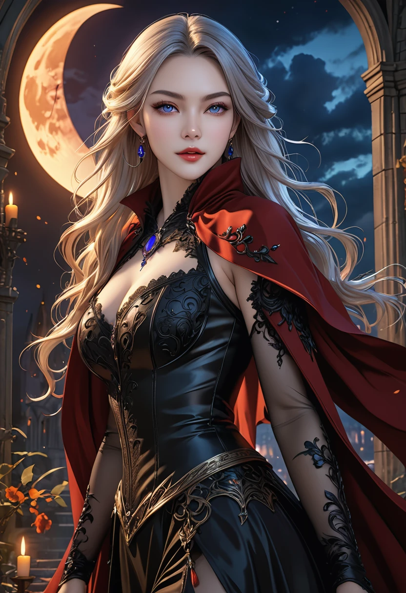 fantasy art, gothic art, (masterpiece:1.5), full body best details, highly detailed, best quality, Glowing Purple, highres, full body portrait of a vampire, elf (Masterpiece, best quality: 1.6), ultra feminine, wizard, (intricate details, Masterpiece, best quality: 1.5) with a long curvy hair, light color hair, blue eyes, (fantasy art, Masterpiece, best quality), ((beautiful delicate face)), Ultra Detailed Face (intricate details, fantasy art, Masterpiece, best quality: 1.5), [[vampiric fangs 1.5]] (red cloak: 1.3) , flowing cloak (intricate details, fantasy art, Masterpiece, best quality: 1.3), wearing an intricate black dress (intricate details, fantasy art, Masterpiece, best quality: 1.5), high heeled boots, urban background (intense details, beat details), fantasy, at night light, natural ,moon light, clouds, gothic atmosphere, soft light, dynamic light, [[anatomically correct]], high details, best quality, 8k, [ultra detailed], masterpiece, best quality, (extremely detailed), dynamic angle