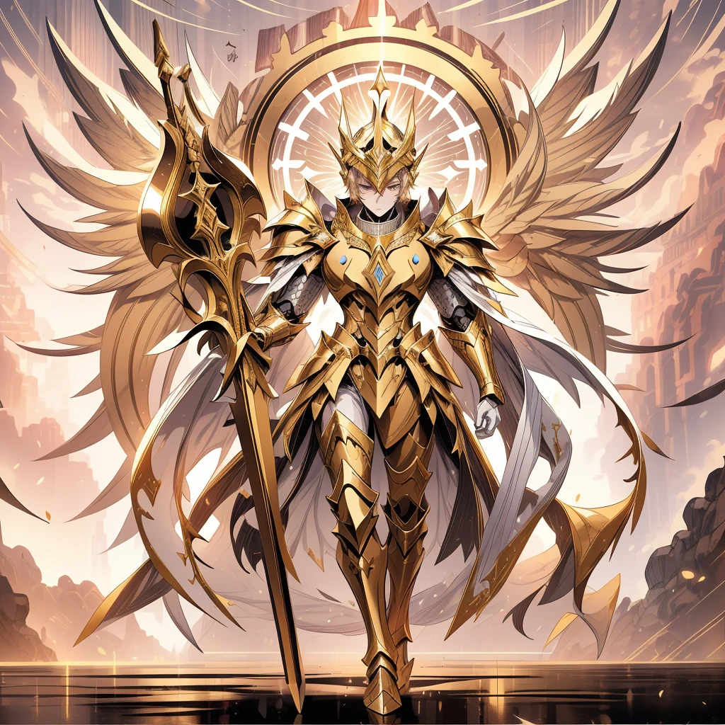 1boy, full face helmet,archangel, divine wings, god, sacred armor, golden king, royal armor,legendary divine weapon, beautiful clothes, (masterpiece, best quality),