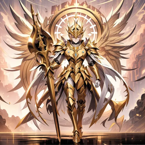 1boy, full face helmet,archangel, divine wings, god, sacred armor, golden king, royal armor,legendary divine weapon, beautiful c...