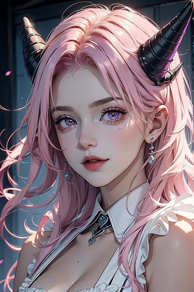 butler outfit, short pink hair, hypdertailed, purples eyes, ashen skin, demon, claws, goat horns, bangss, gothic art, full body shot shot, elegant pose, ssmile, Romanticism, work of art, anatomically correcte, high qualiy, super detaill, best qualityer, 4K, 8k, Perfect Woman, the most beautiful woman, her face has to be symmetrical and beautiful, baby pink hair