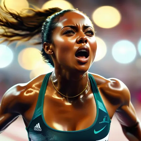 Runner breaking world record in women's 100m Olympic final, face showing exertion, heavy breathing, mouth breathing, sweat, mach...