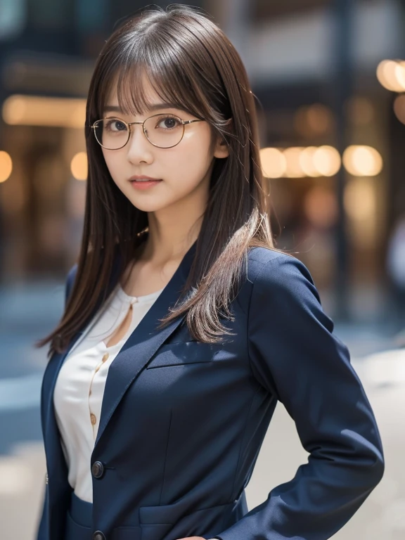 ((whole body:1.4, Highest quality)), (Realistic photos:1.4), ((1 girl)), Shiny black hair, bangs, (Straight hair :1.5), (超High resolution:1.2), Very delicate and beautiful, wonderful, Very detailedな CG Unity 8K 壁紙, Very detailed, High resolution, Soft Light, Japanese,alone, (26 years old:1.4), Famous Japanese actresses, ((Round face:1.4)), Beautiful detailed girl, Very detailed目と顔, Beautiful and sophisticated nose, Beautiful and beautiful eyes, (Dark blue business suit, Tapered trousers:1.4), Cinema Lighting, Perfect Anatomy, (Fat:0.8), length, Thin legs, Was nervous, (Glass Skyscraper:1.3), (Clear winter sky:1.4), (A beautiful form with an inorganic feel), Cool look, Wear glasses, Upper body naked, Pointed nipples are visible