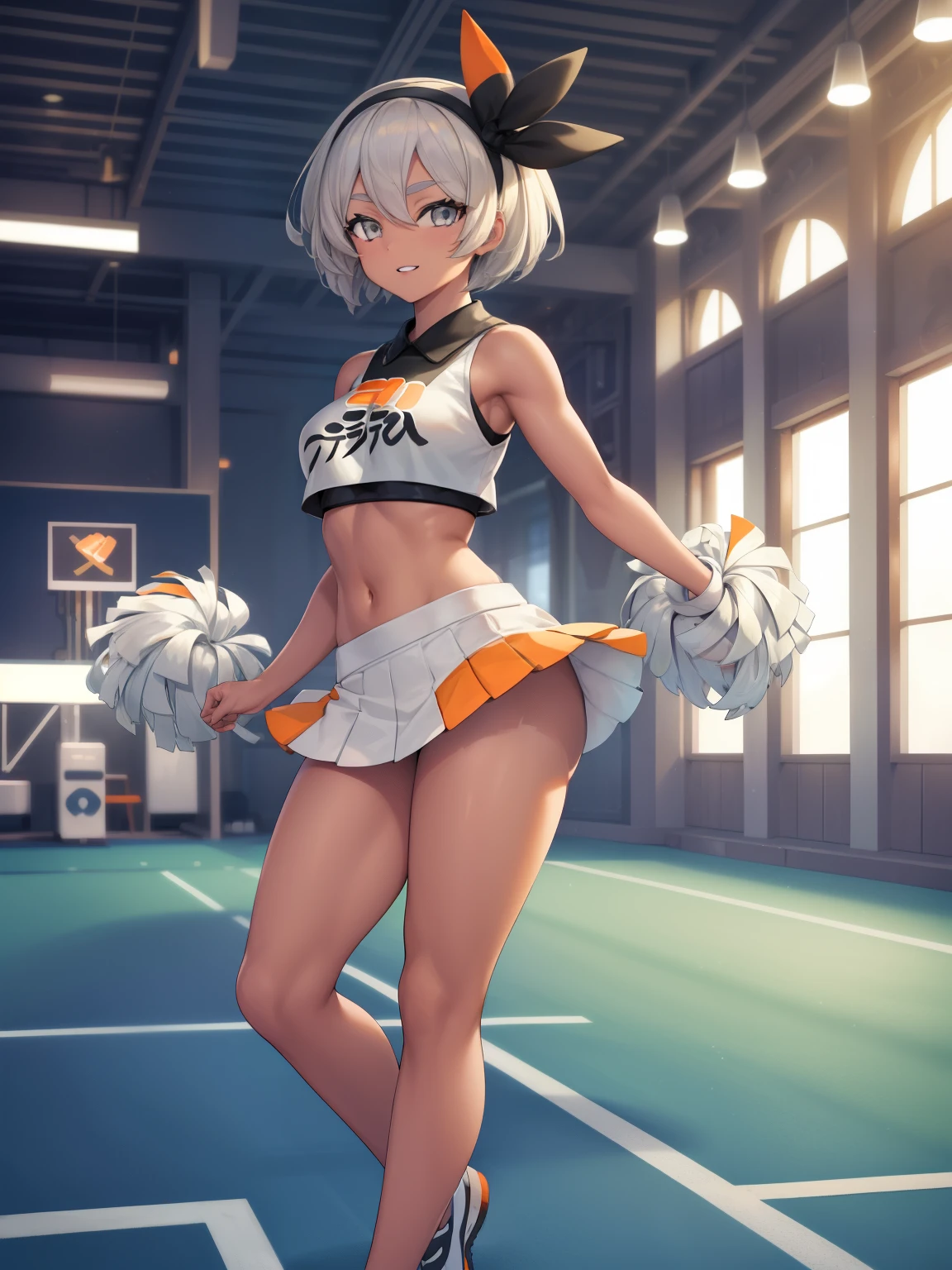 ((Bea pokemon)), (masterpiece:1.2, best quality), realistic, (real picture, intricate details, depth of field), ((1girl:1.2)), parted lips, highly-detailed, gorgeous perfect face, (skindentation), tanned skin, thick thighs, (wide hips), average waist, tall, ((short white hairs)), headband, beautiful grey eyes, looking at viewer, confident smile, toned body, rugby field, ((white cheerleader outfit)), short skirt, sleeveless croptop, midriff, bare arms, large breasts, ((full body)), (bare legs),