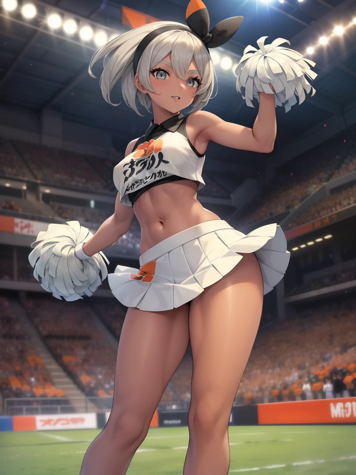 ((Bea pokemon)), (masterpiece:1.2, best quality), realistic, (real picture, intricate details, depth of field), ((1girl:1.2)), parted lips, highly-detailed, gorgeous perfect face, (skindentation), tanned skin, thick thighs, (wide hips), average waist, tall, ((short white hairs)), headband, beautiful grey eyes, looking at viewer, confident smile, toned body, rugby field, ((white cheerleader outfit)), short skirt, sleeveless croptop, midriff, bare arms, large breasts, ((full body)), (bare legs),